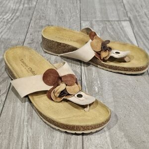 LORENZO CHELINI Tan Leather Floral Rosette Thong Cork Wedge Sandals 8.5M